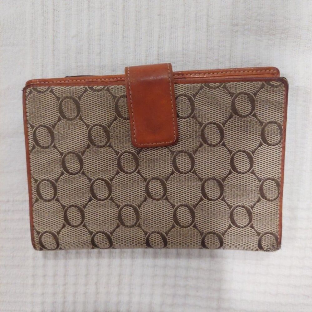 OROTON Cream Brown Canvas and Tan Leather Logo Clutch Wallet 6x4